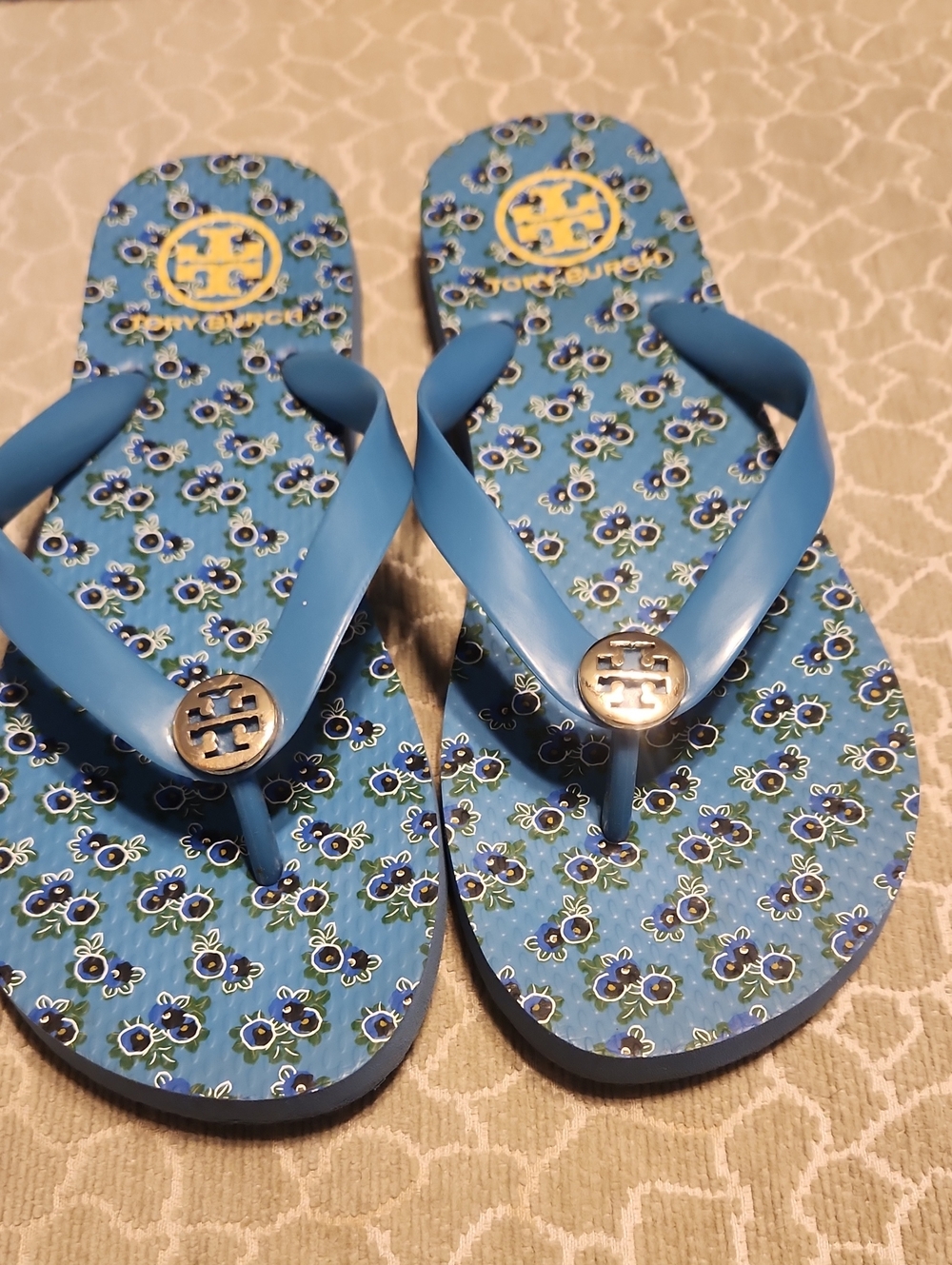 Tory Burch Blue Floral Logo Jelly Flip Flop Sandals